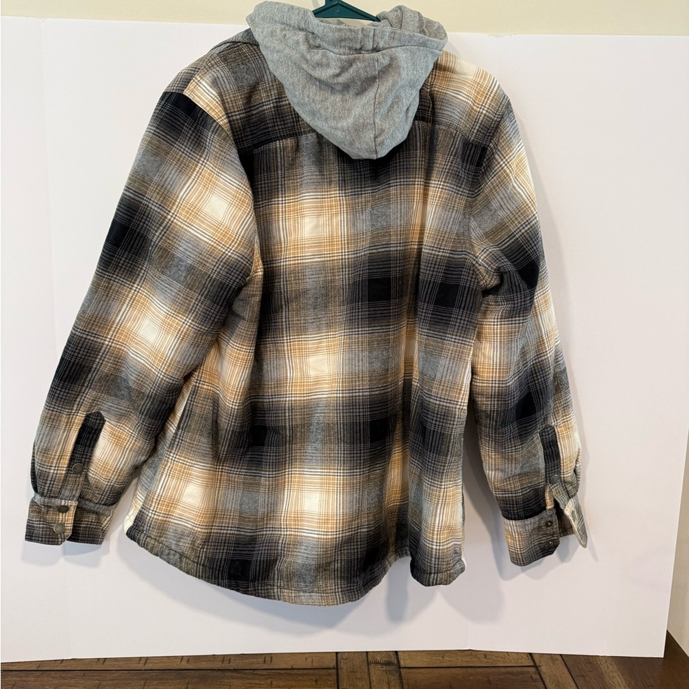 Natural Reflections Plaid Hooded Shacket in Gray, Cream & Black
